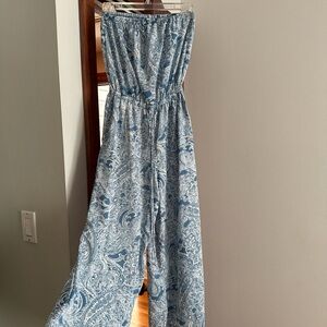 Strapless blue patterned flowy jumpsuit